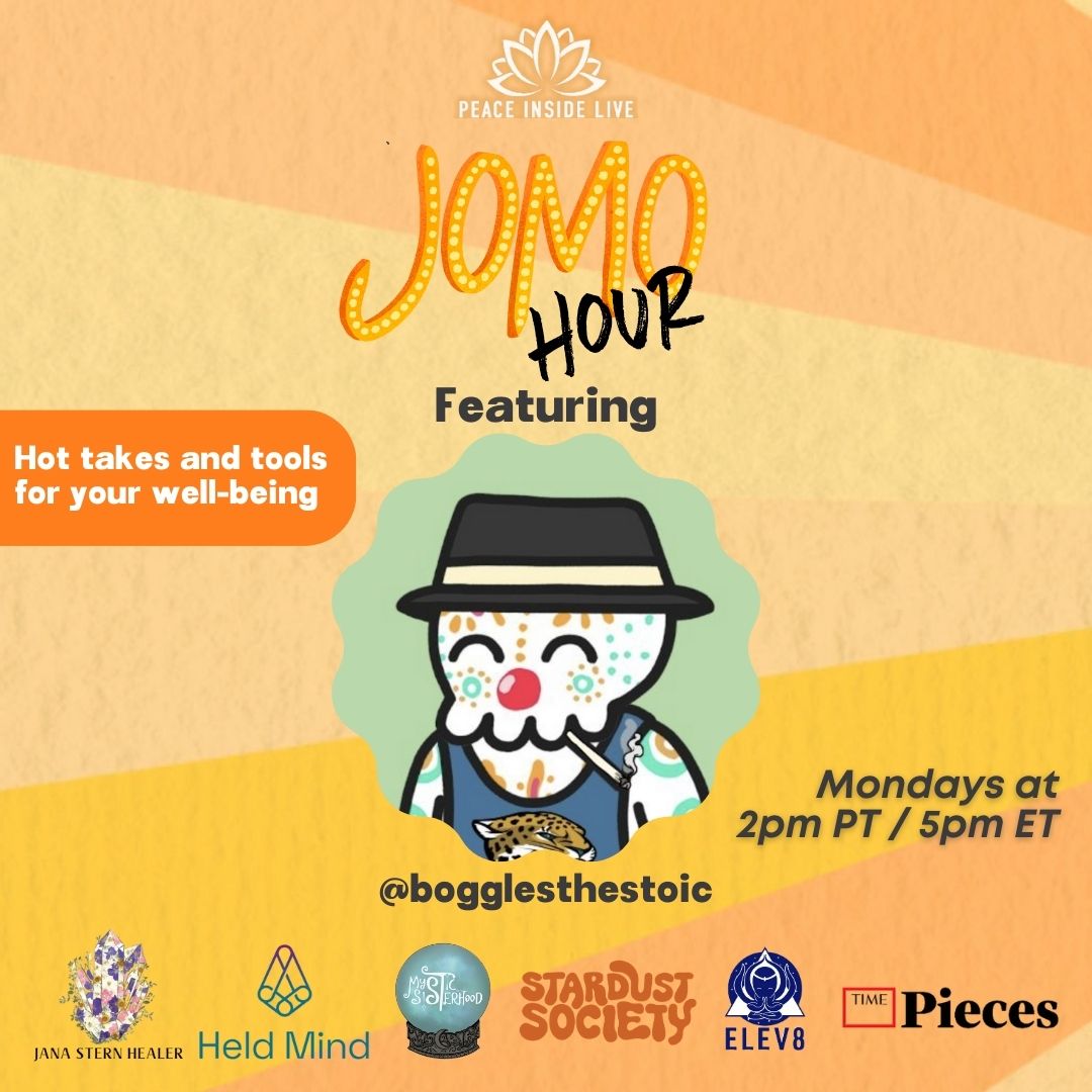 Set a reminder for JOMO Hour tomorrow at 5pm et with guest <a href="/BogglesTheStoic/">Brendan “Boggles”</a> as we chat about having inner peace while travelling the world with <a href="/TIMEPieces/">TIMEPieces</a> <a href="/HeldMind/">Held Mind</a> <a href="/c0c0stardust/">c0c0</a> <a href="/MysticSisNFT/">Mystic Sisterhood | NOW MINTING</a> <a href="/shiralazar/">Shira Lazar (she/her) 📍Los Angeles, CA</a> <a href="/JordanaR/">Jordana Reim</a> and host <a href="/JanaSternHealer/">𓂀Jana Stern𓂀✨</a>. 

x.com/i/spaces/1jMJg…