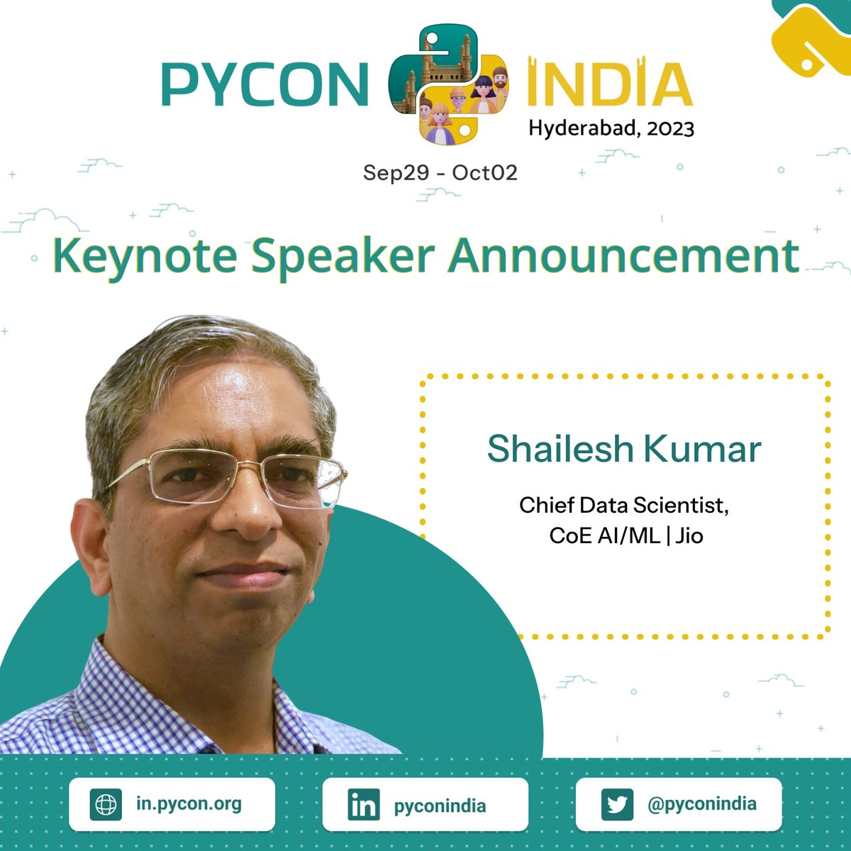 pyconindia's tweet image. 🎉 Exciting News! We are thrilled to announce Shailesh Kumar as our fifth keynote speaker for #PyConIndia2023. 🚀 He is Chief Data Scientist, CoE AI/ML at Jio with expertise in Deep Learning, Quantum AI, and Computer Vision. Don’t miss it! Grab your tickets now! 🎟️ Link 👇