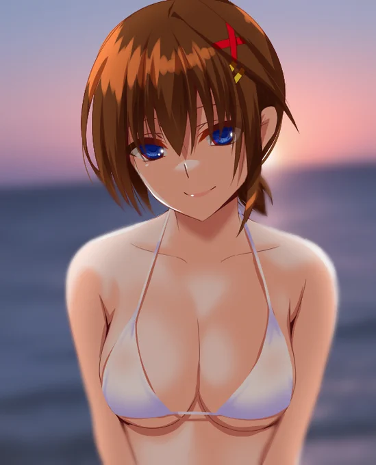 とあるキャラを描いてて短めの髪を括ったらすっごい色気感じたのではやてちゃんも括ってもらった。  なんかしっとり感出る～ 「ん、なんや～?」 ってな感じでお姉さんムーブしそうなはやてちゃ・・・ はやてさん。  あっ、白ビキニ本の宣伝に出てもらいました^^ この絵は入ってないですぞ