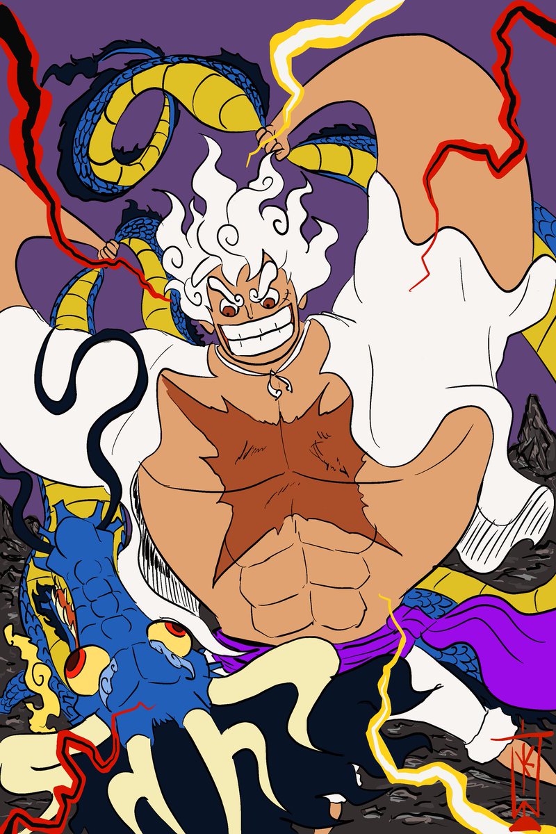 T785dk's tweet photo. Gear 5 is finally out! I had to make somethin to celebrate this awesome moment. I've been waitin to see it animated since reading the chapter in the manga. #onepiece #luffy #gear5 #kaido #dragon #anime #manga #joyboy #oda https://t.co/BoSbPGvXqV