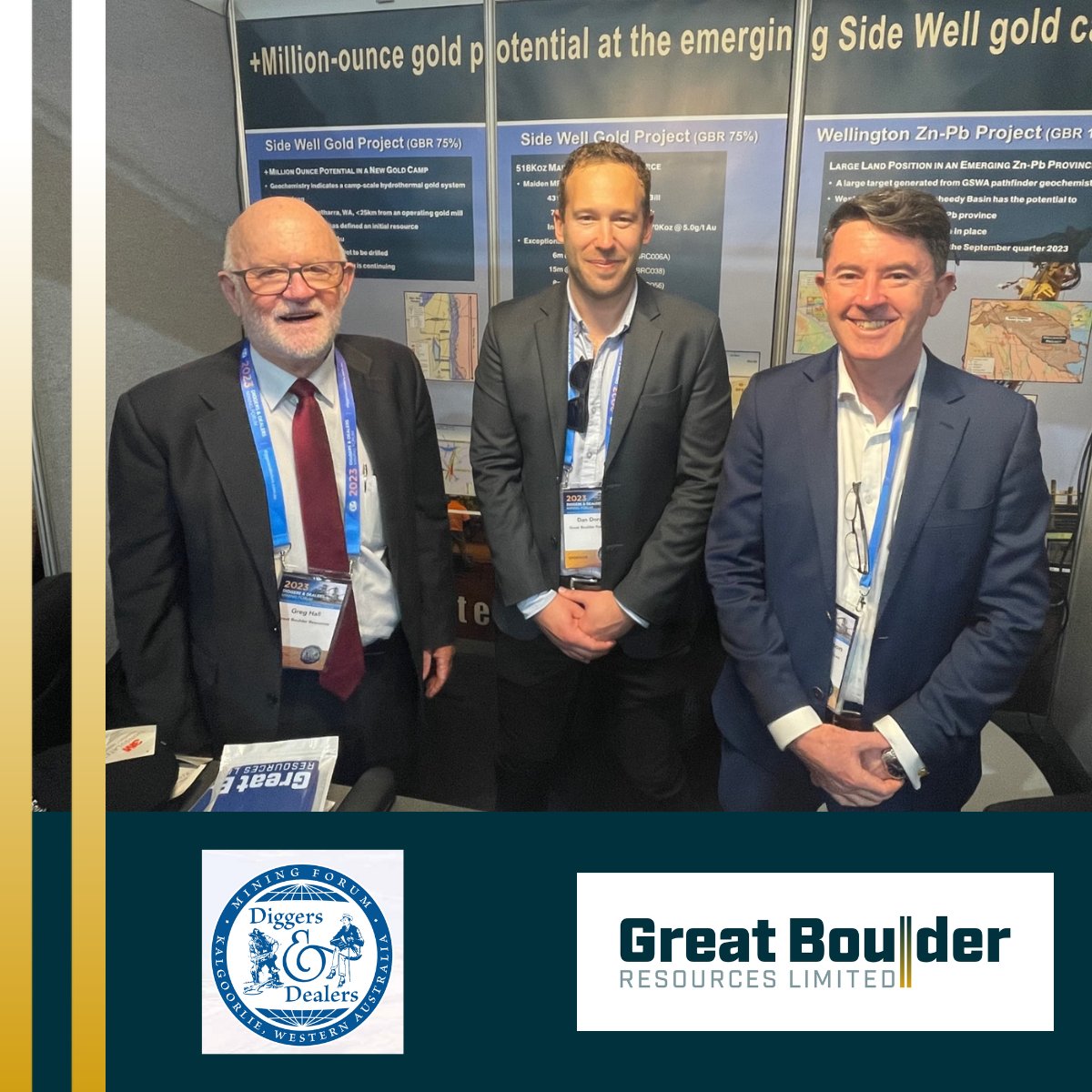 GreatBoulder's tweet photo. Day One at the @diggersndealers Mining Forum and the $GBR are ready to talk all things @GreatBoulder at Booth #FC08.
MD Andrew Paterson is presenting at 4.45pm (AWST)
Livestream 🔗 https://t.co/N4NDhfl7Vp
#Meekatharra #SideWell #gold Daniel Doran Greg Hall https://t.co/xc9N8e1Vhl