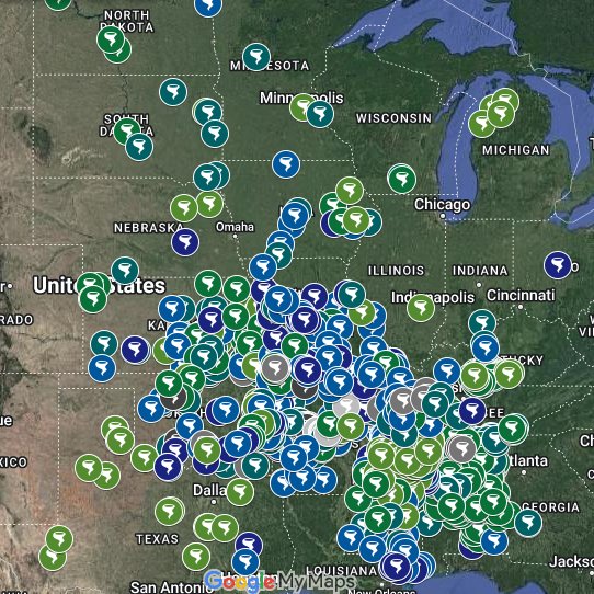 The #tornado shelter map that I continue to improve and expand at findyourtornadoshelter.com has just had a makeover. The icons were re-colored to make it easier for users by identifying their capacity without differentiation by type. It's to make it easier for the public to use.