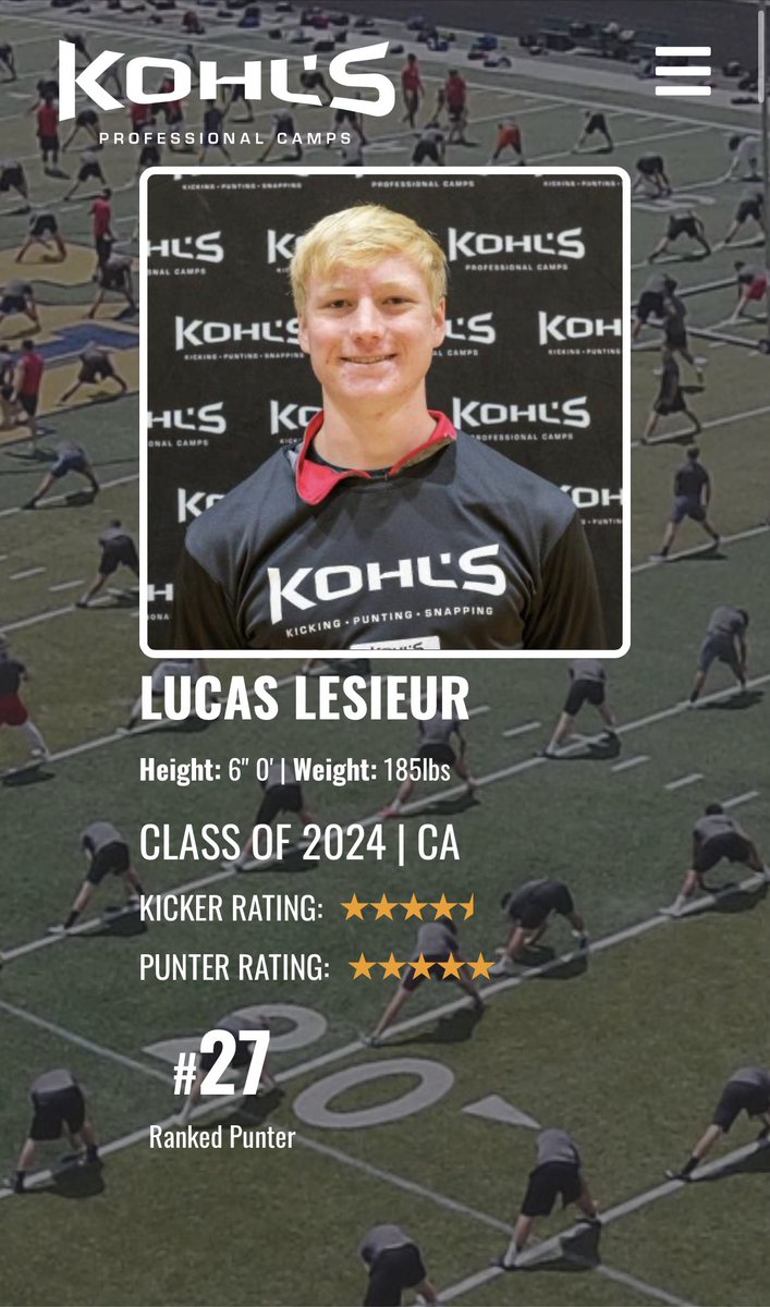Following a successful weekend in Gatlinburg, Tennessee at National Scholarship Camp, I am blessed to announce I am now a 5⭐️ punter and #27 in the 🇺🇸.
<a href="/KohlsHighlights/">Kicking, Punting, Long Snapping Highlights</a> <a href="/Diego_Marquez95/">Diego Marquez</a> <a href="/NGHS_Football/">Northgate Football 🏈</a>