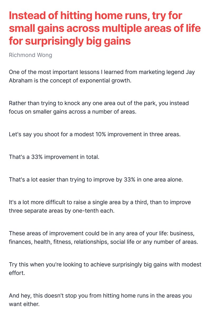 Instead of hitting home runs, try for small gains across multiple areas of life for surprisingly big gains