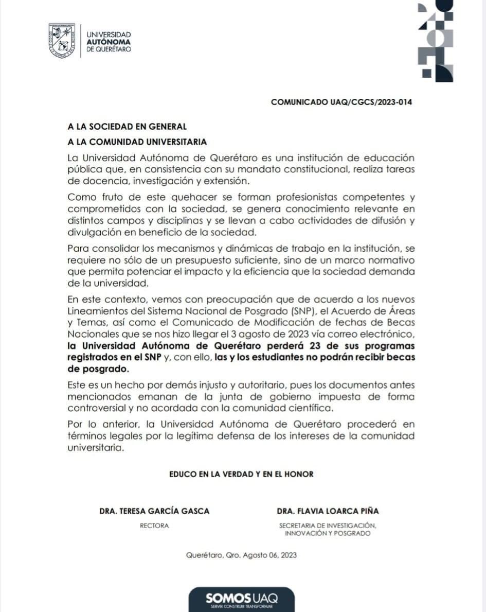 #Comunicado|| Vemos con preocupación los nuevos Lineamientos del #SNP y el comunicado de modificación de fechas de Becas Nacionales, de acuerdo a los cuales la UAQ perderá 23 de sus programas registrados y los estudiantes no podrán recibir #becas de #posgrado.

Lee Más 👇🏽📑