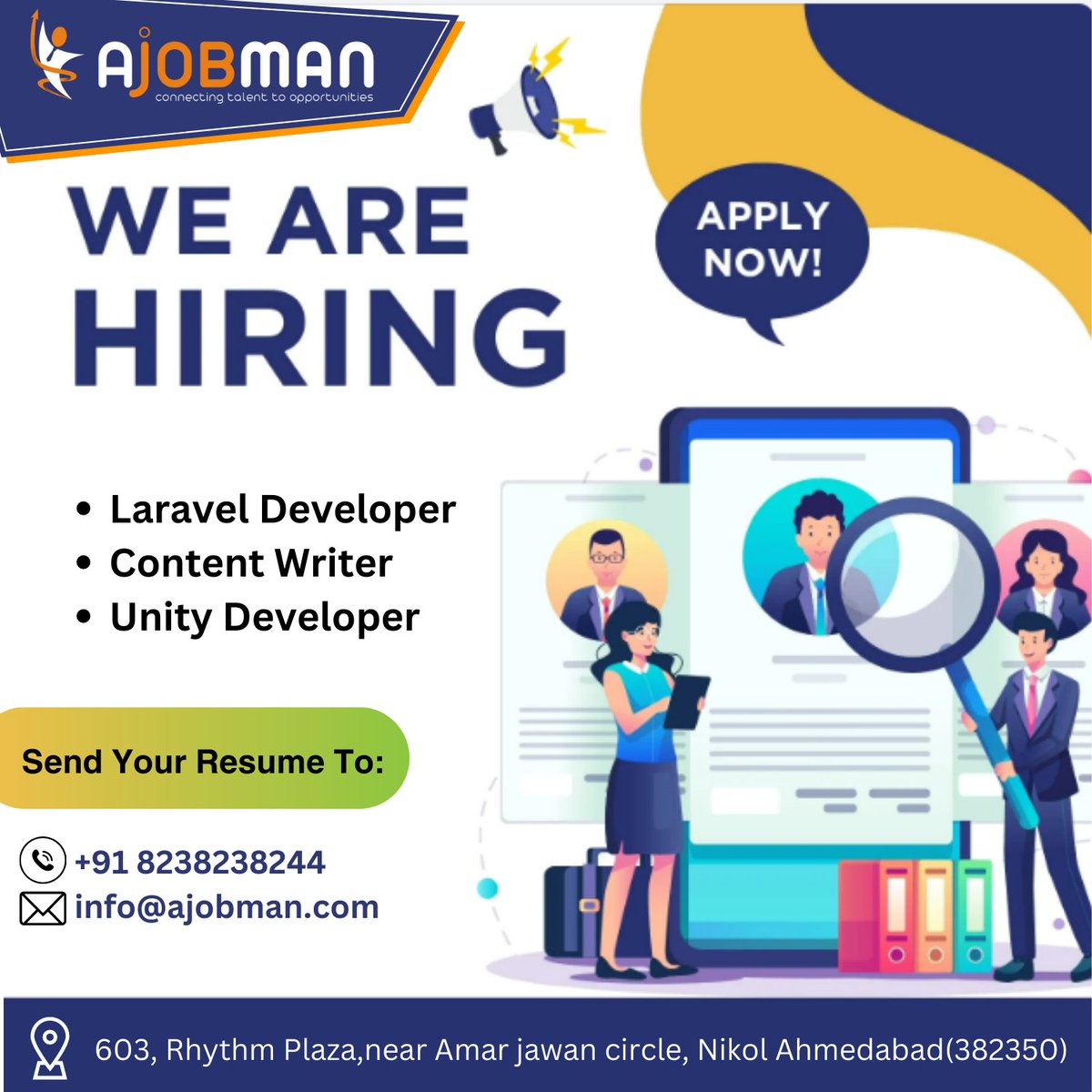 a_jobman's tweet image. 📢 We're hiring!
👉#LaravelDevelopers
👉#UnityDevelopers
👉#ContentWriter
💼 Experience: Min. 1 years
WORK FROM OFFICE
💯% #jobplacement
👉Terms & condition apply
Send us your resume to:-
+91 8238238244, info@ajobman.com
#jobvacancy #a_jobman #ahmedabadjobs #jobsearch #newjob