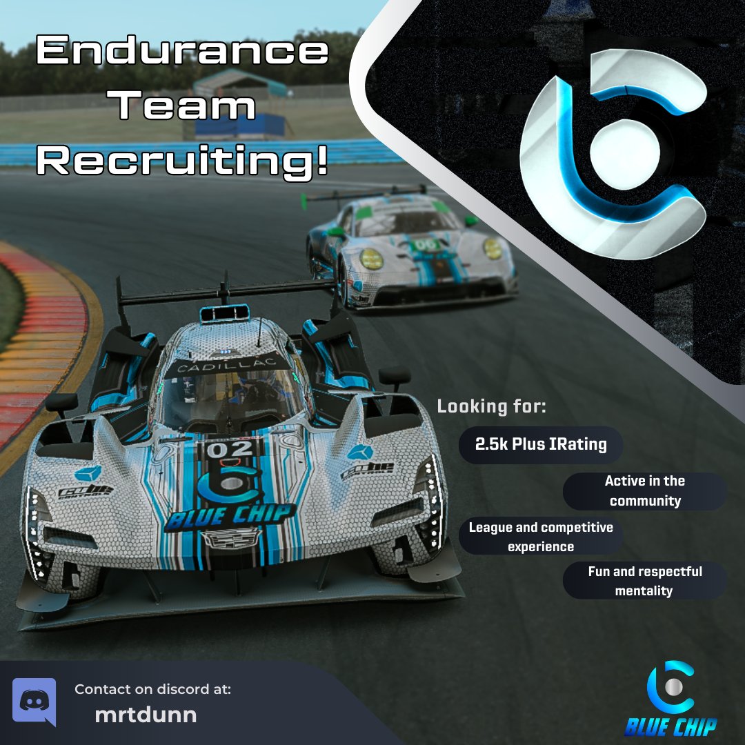 Blue Chip Racing is looking to acquire a few more active drivers in the community! #iracing
