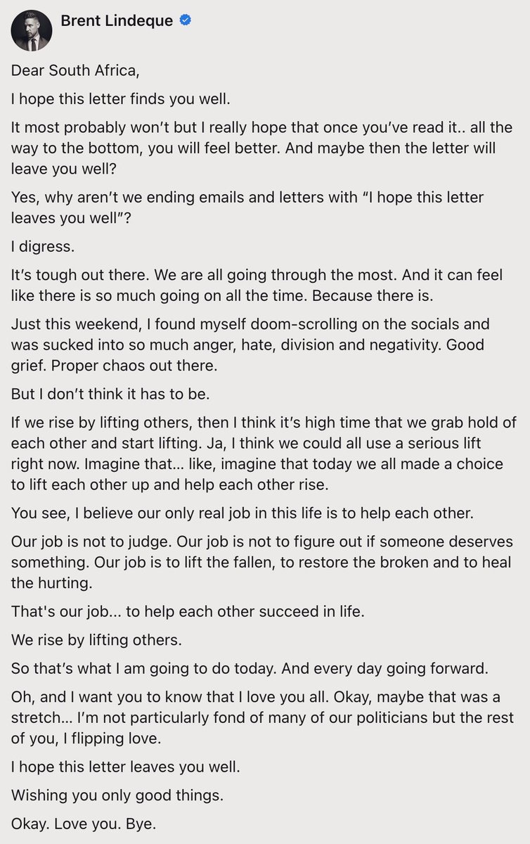 Dear South Africa,

I hope this letter leaves you well.

Wishing you only good things.

Okay. Love you. Bye.