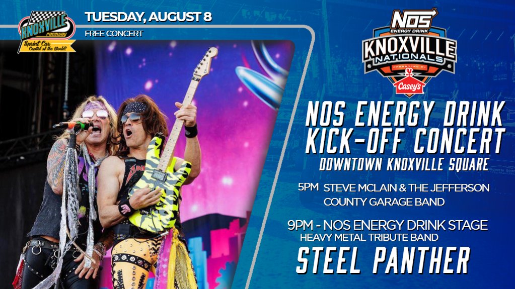 knoxvilleraces's tweet photo. Tuesday Night... it's the @NosEnergyDrink Knoxville Nationals Kick-Off Concert in Downtown Knoxville with Steel Panther!!!
#NOSvilleNationals https://t.co/9aPofprQdb