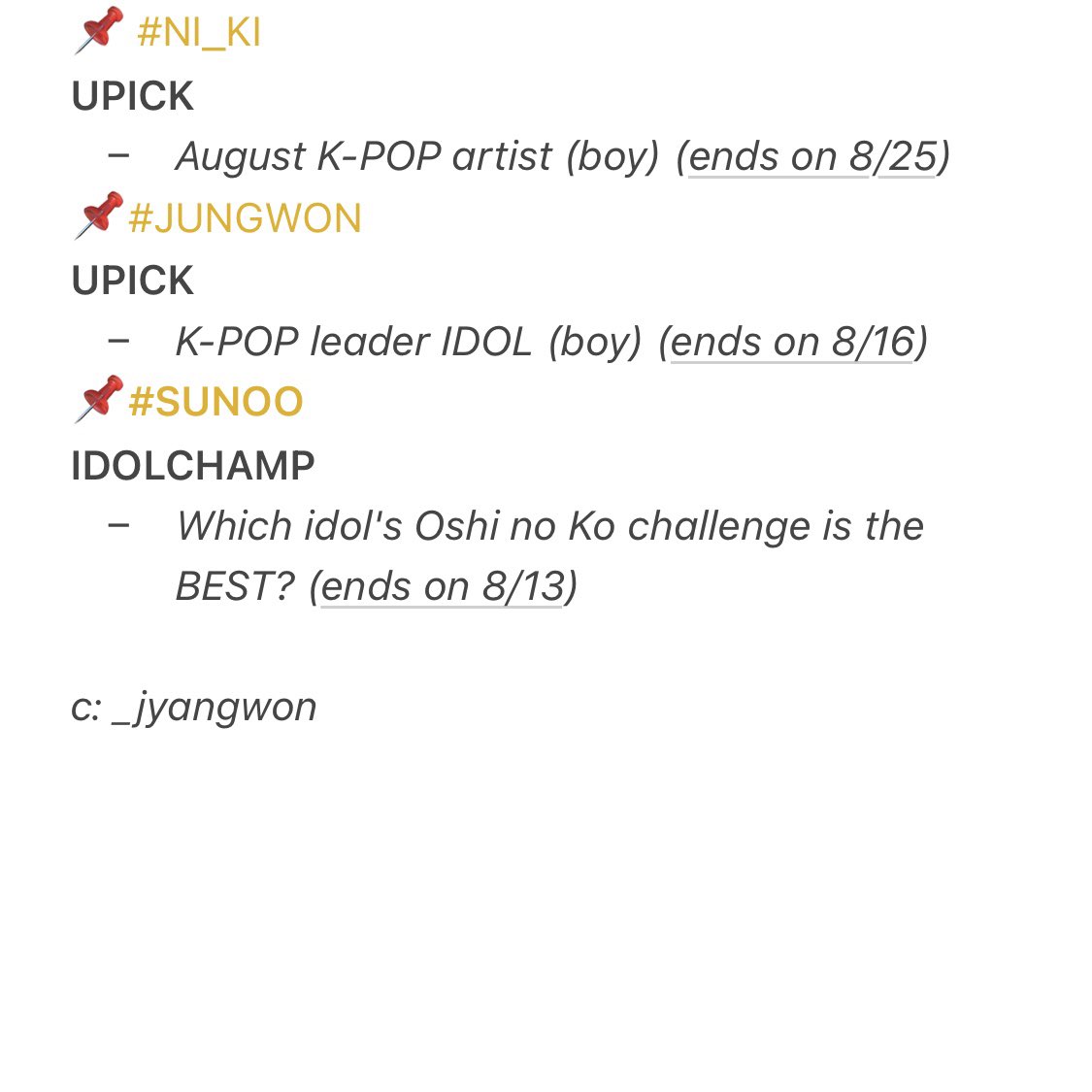 _jyangwon's tweet photo. everyone is so active! might as well participate on these voting polls for #enhypen. collect and cast votes on these apps. let's work harder for our boys. kindly spread and inform others ‼️📢 https://t.co/24UU4nMSmI