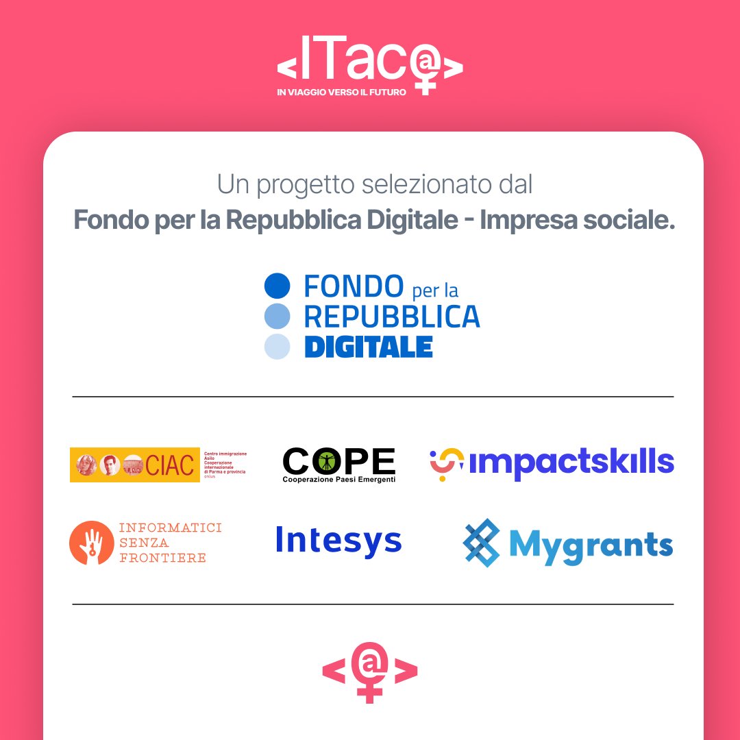 Il progetto ITac@ nasce dalla collaborazione tra il mondo non profit di ISF, COPE e CIAC e quello profit rappresentato da Impactskills, Mygrants e Intesys, uniti da un comune obiettivo: aumentare le competenze e sostenere nel settore lavorativo le donne

👉progettoitaca.eu