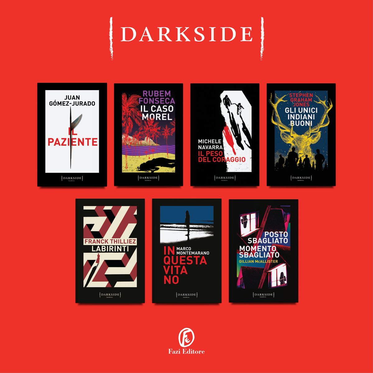 Sono state 7 le novità Darkside che abbiamo pubblicato finora:
• «Il paziente»
• «Il caso Morel»
• «Il peso del coraggio»
• «Gli unici indiani buoni»
• «Labirinti»
• «In questa vita no»
• «Posto sbagliato, momento sbagliato»
Li avete già letti o ne state leggendo qualcuno?