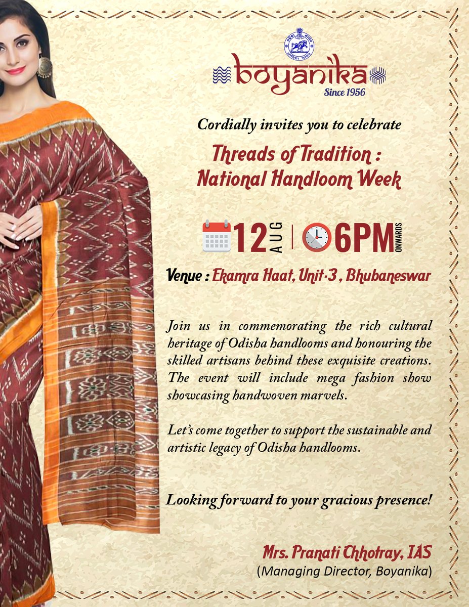 Boyanikaonline's tweet photo. On the Occasion of National Handloom Week, Boyanika is organising a mega fashion show at Ekamara Haat Bhubaneswar on 12 Aug that will showcase the intricate handloom craft weaved by the fingers of our artists representing our rich culture
#nationalhandloomweek #Odishaa #boyanika https://t.co/Sy6LWQ0tcW