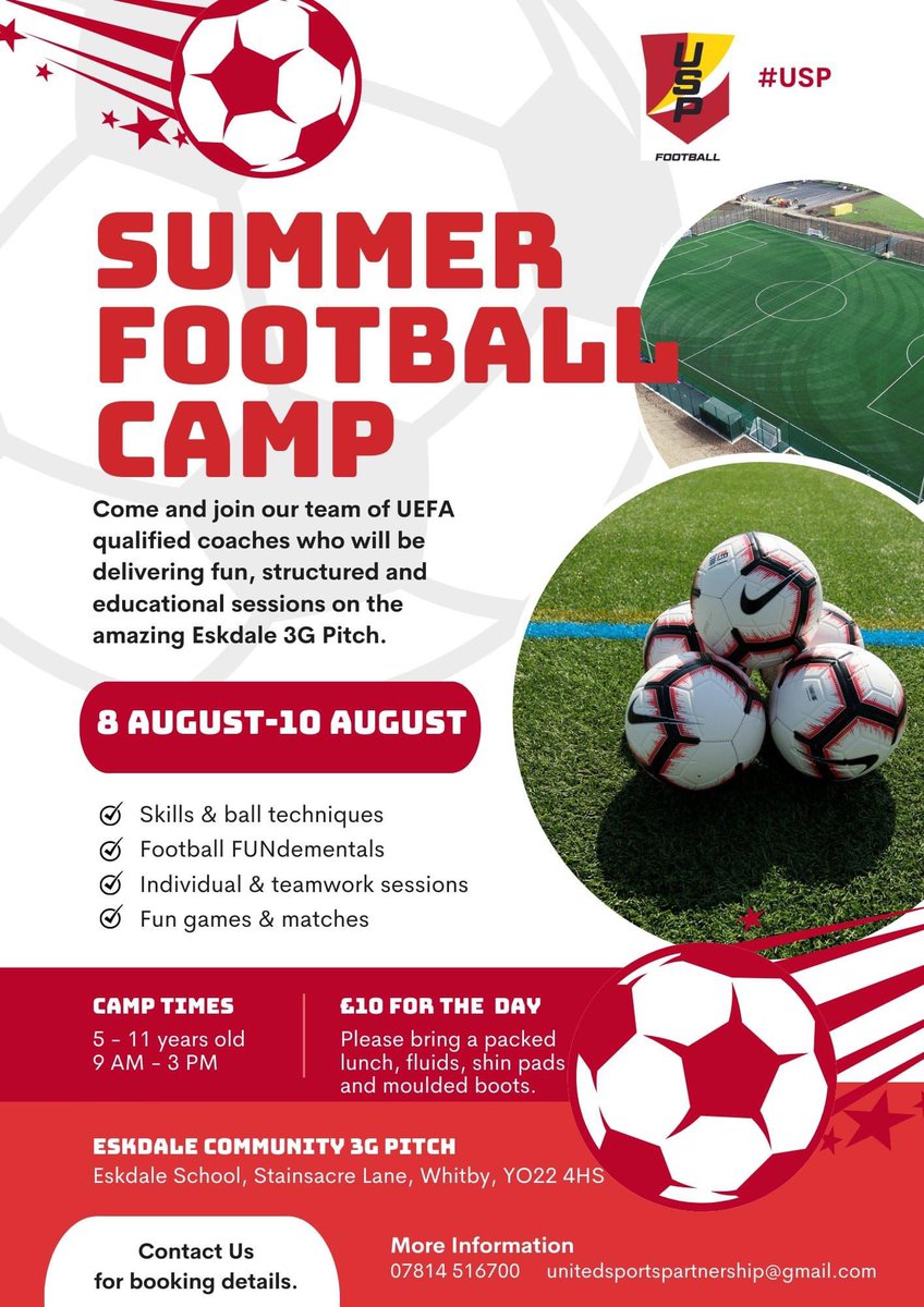 USP_Sports's tweet photo. We are back delivering tomorrow on the @EskdaleSchoolPE 3G pitch for Week 3 of our Summer Football Camp. Access is via the main school building.
✅ UEFA B Qualified Coach
✅FA DBS
✅ FA First Aid 
@WhitbyWhatsOn @WeAreWhitby #TeamUSP #USPFootball https://t.co/XNO4Ztzzq8