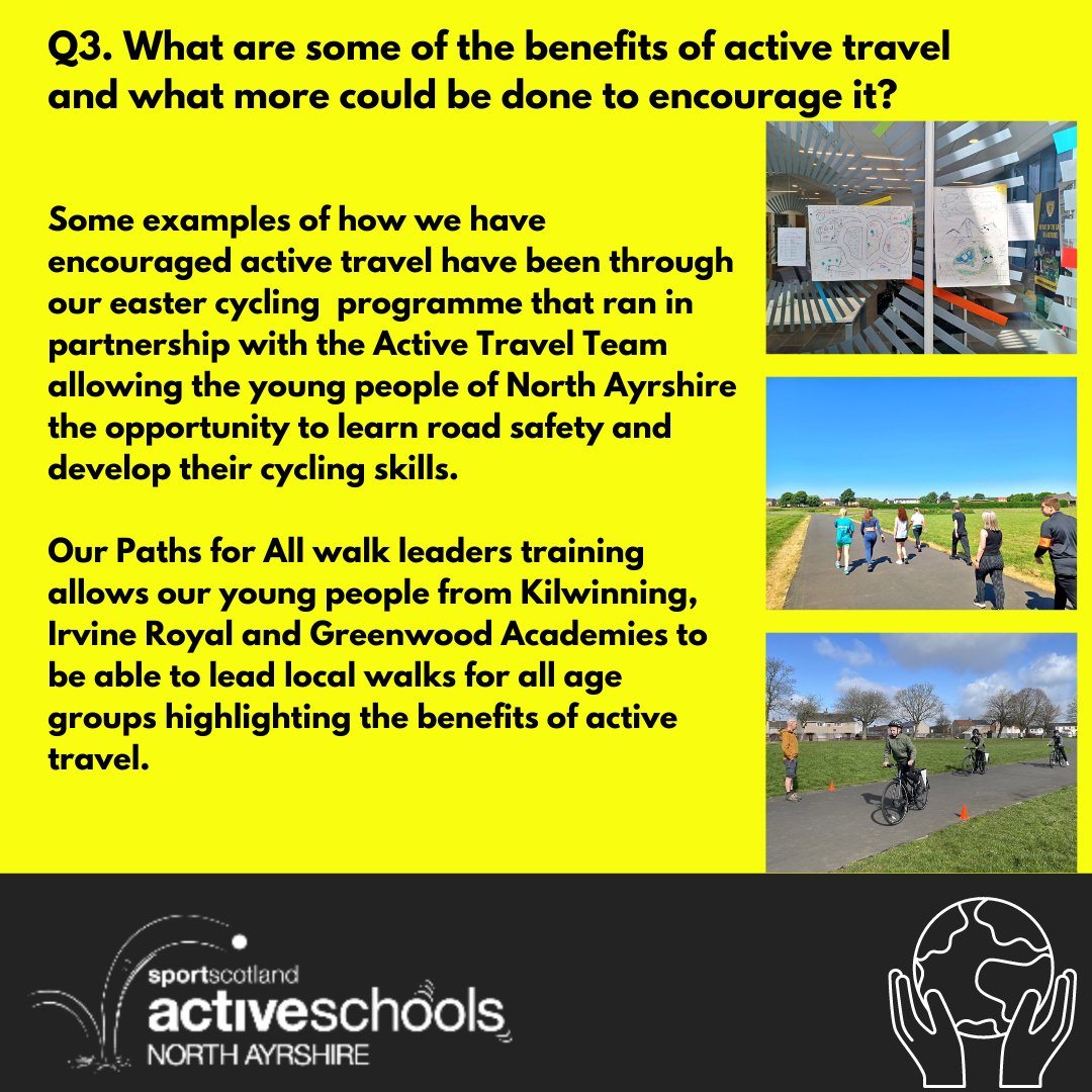 NAActiveSchools's tweet photo. #SportHour ๐๐ค
A3 - Benefits of Active Travel include:
๐Increased physical activity.
๐คImproved mental health.
๐Social connections with people and nature.
๐คFree as well as environmentally-friendly.
#SustainableSport #ActiveTravel
#NAActive
@sportscotland @audreynolan https://t.co/d3lzqldebM
