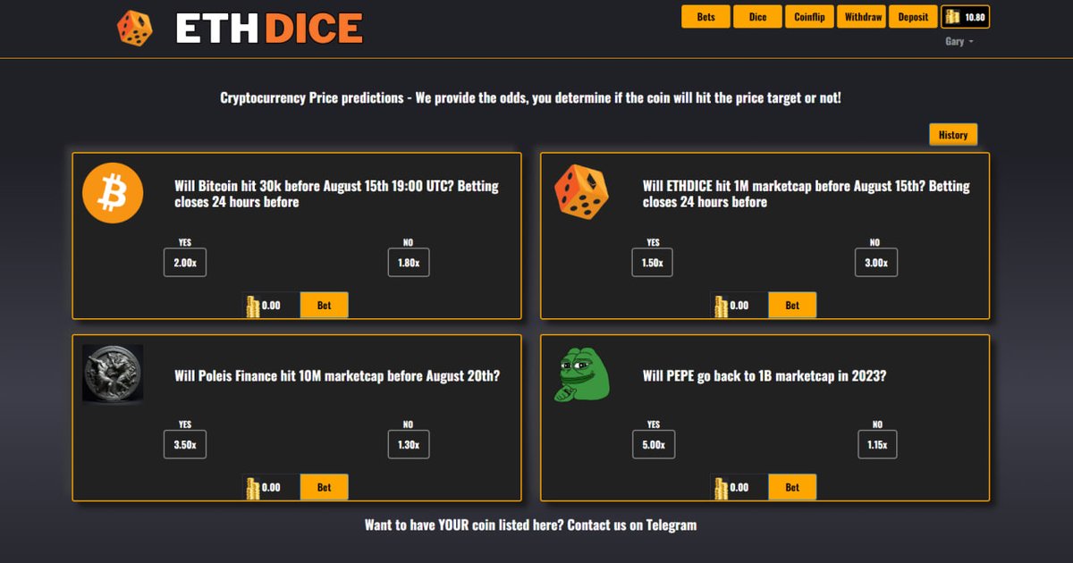 Our betting section is now officially live! 

Here we will provide odds for all sorts of crypto projects - from BTC to xxPEPEmemecoin99xx. You can request the project you would like to see and we will add it to our website. 

Check it out! ethdice.net/matchbetting