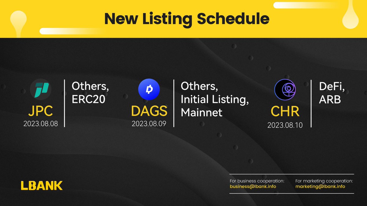 Check out LBank.com New Listing Schedule!🥳

💎Anything you're interested in?

Tell us in the comments below!👇👇

$JPC $DAGS $CHR

#Listing #Cryptocurency