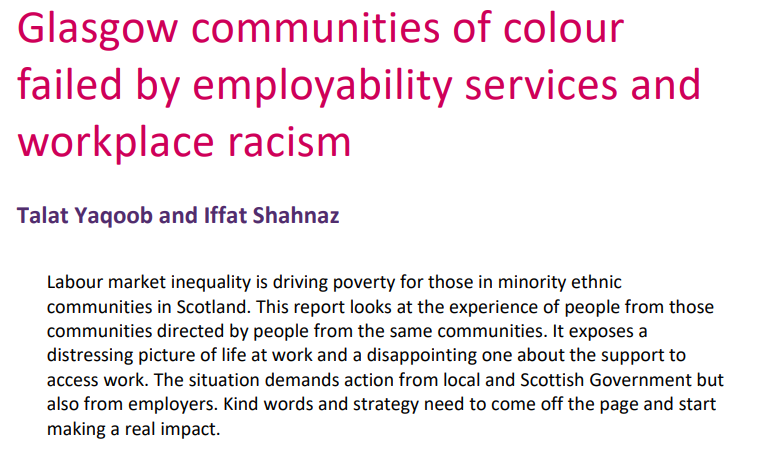 New report out today from @jrf_uk by @talatyaqoob and @iffatshahnaz Data paints a picture of a deeply divided labour market where outcomes are linked to ethnicity. This report aimed to understand why, by working with the people impacted 🧵 jrf.org.uk/report/glasgow… 1/12