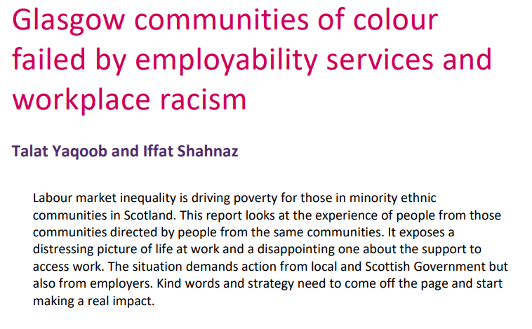 Jack Evans (@jackdmevans) on Twitter photo New report out today from <a href="/jrf_uk/">Joseph Rowntree Foundation</a> by <a href="/talatyaqoob/">Talat</a> and <a href="/iffatshahnaz/">Iffat Shahnaz</a>
Data paints a picture of a deeply divided labour market where outcomes are linked to ethnicity.
This report aimed to understand why, by working with the people impacted 🧵
jrf.org.uk/report/glasgow…
1/12 New report out today from <a href="/jrf_uk/">Joseph Rowntree Foundation</a> by <a href="/talatyaqoob/">Talat</a> and <a href="/iffatshahnaz/">Iffat Shahnaz</a>
Data paints a picture of a deeply divided labour market where outcomes are linked to ethnicity.
This report aimed to understand why, by working with the people impacted 🧵
jrf.org.uk/report/glasgow…
1/12