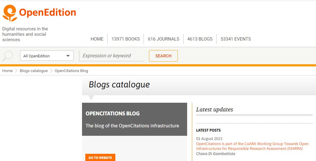 opencitations's tweet image. #OpenCitationsBlog is now published on the @hypothesesorg  Blogs Catalogue! Hypotheses is part of @OpenEditionActu portal, and OpenCitations blog will be now added to catalogues specialised in #humanities such as #Isidore. Find the record here: openedition.org/42941