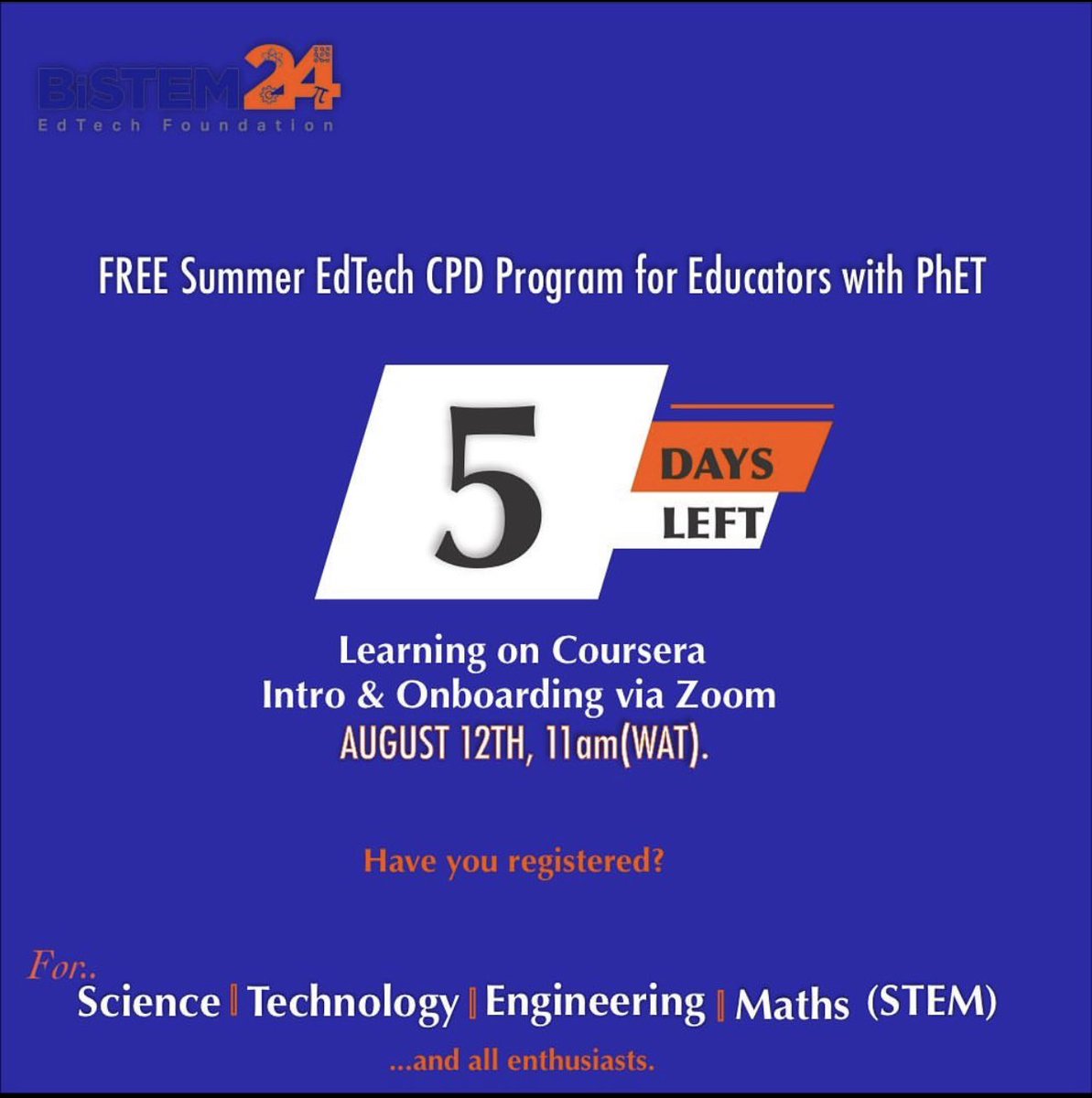 bistem24's tweet photo. Just a few days to go….hurry and book yourself a slot!
This EdTech course is absolutely beneficial for all STEM educators, AND! ….completely free!

CPD Points &amp; certificate from PhET, BiSTEM24 and Coursera. 
Registration: https://t.co/mSYgzTIeS3 https://t.co/hBvEolUHUv