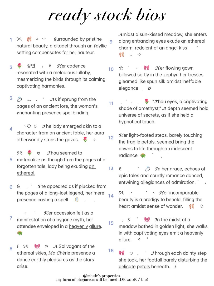 mbulr's tweet image. 🩰 Retweets are appreciated!

Greetings, inhabitants of Earth! 🌷 Afar's here to offer you these available bio wordings specially crafted for you, dear ones! 🎀 You can acquire them with IDR 2,500! 🐇 All payments through QRIS, Thank you! (^_-)-☆

⠀⠀⠀꒰ #ZonaUang ꒱