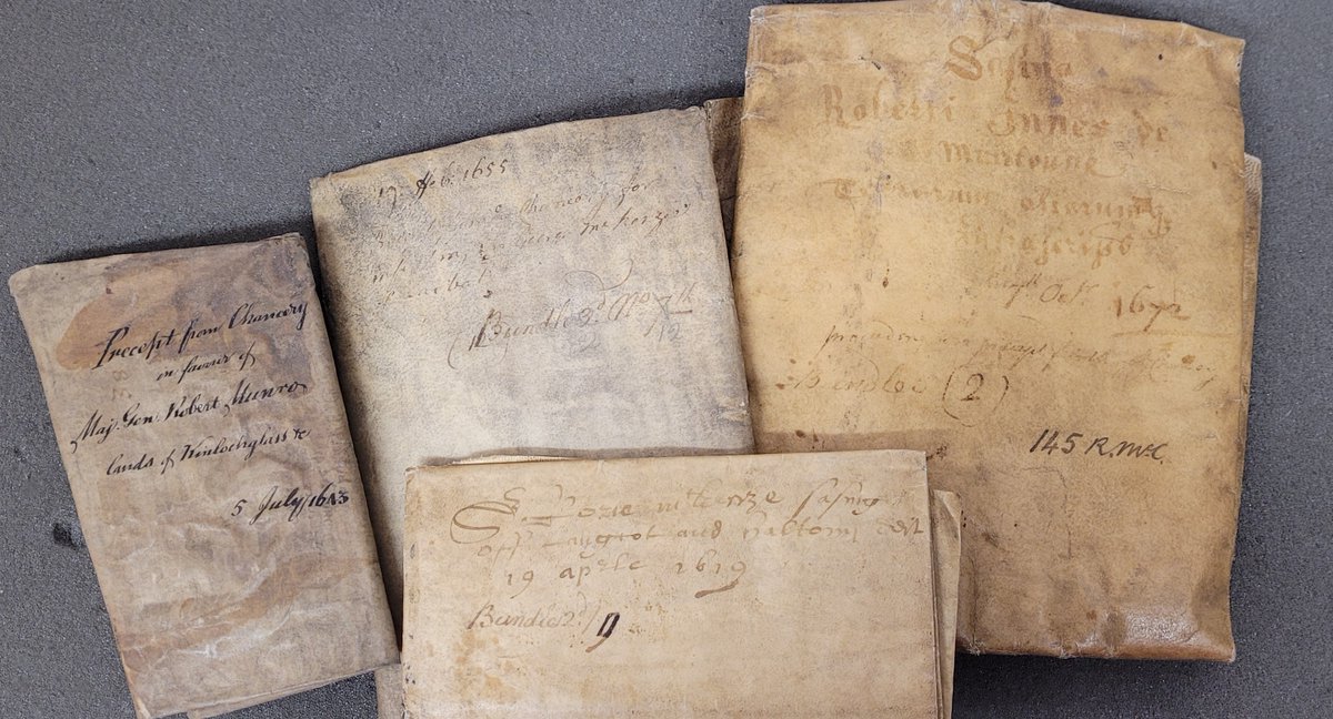 HLHArchives's tweet photo. It's a month till #LearnWithLorna's back with an episode on the Munro of Novar collection in which Lorna today saw this instrument of sasine from 1655 - the top has been cut to remove the name of Oliver Cromwell (presumably after the 1660 restoration of the monarchy). https://t.co/P5sDSOYZuY