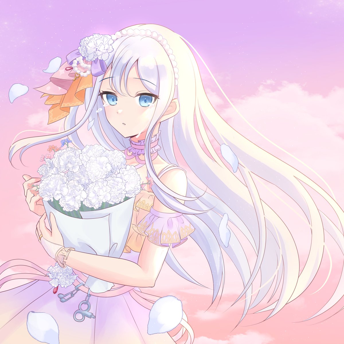 1girl flower bouquet solo dress long hair blue eyes  illustration images