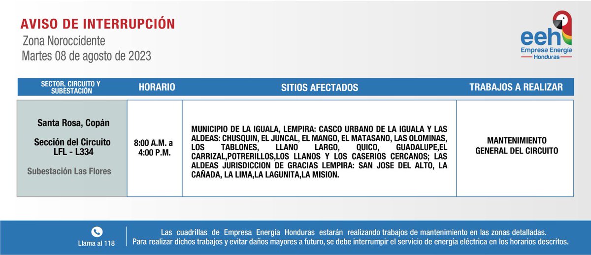 EnergiaHonduras's tweet photo. #EEHTeInforma Compartimos avisos de interrupción del servicio de energía programados para el martes 08 de agosto de 2023. Recuerda tomar las medidas de precaución necesarias. https://t.co/iWyxus6TVS