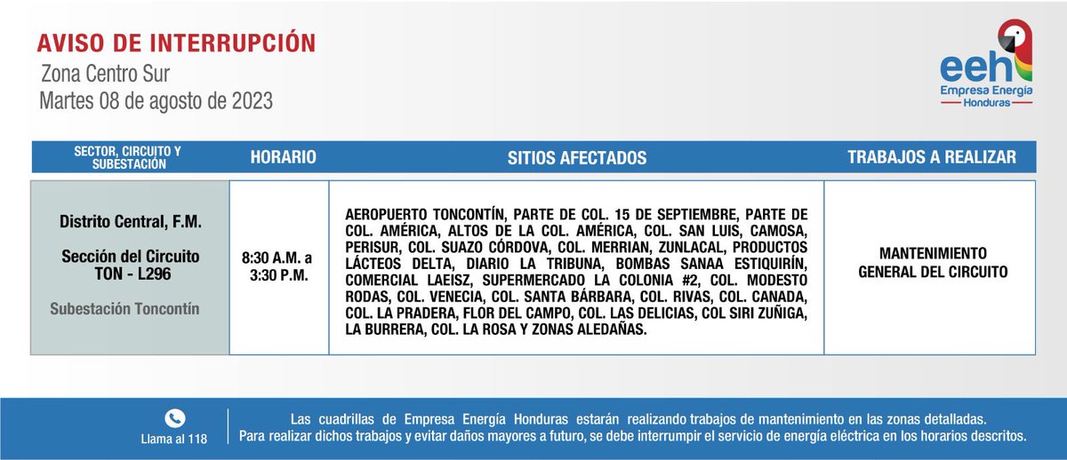 EnergiaHonduras's tweet photo. #EEHTeInforma Compartimos avisos de interrupción del servicio de energía programados para el martes 08 de agosto de 2023. Recuerda tomar las medidas de precaución necesarias. https://t.co/iWyxus6TVS