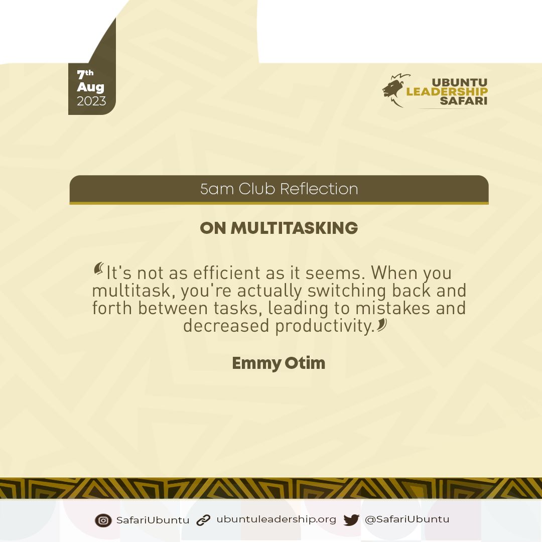 SafariUbuntu's tweet image. Do you want to be more productive? Stop multitasking! It's one of the biggest time wasters out there.
Our co-founder (@iDEASUG) shared in today's #5amclub reflection that it's actually less productive to try to do multiple things at once.
#Timewasters #Leadership #Elevation