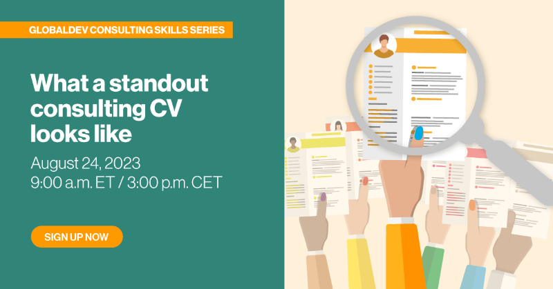 devex's tweet photo. Register for our upcoming career event as Devex careers editor and content strategist @JustinSablich sits down with ParadiseScribe’s Kathryn Harper, an expert in professional development writing, to discuss how to craft eye-catching CVs for consulting roles. 

#development #CV