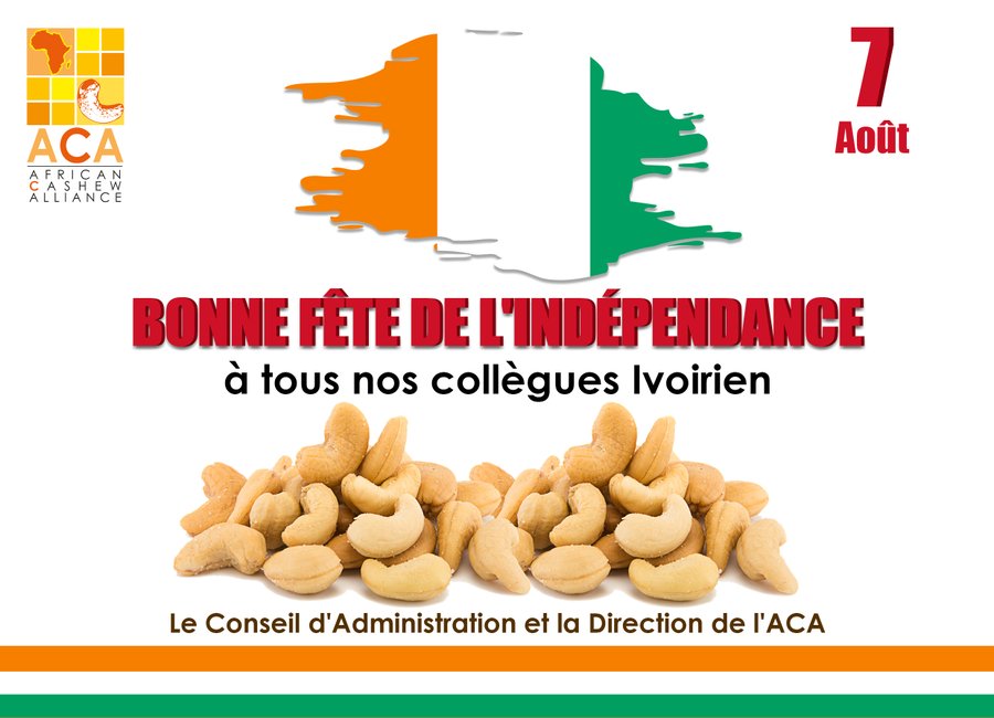 AfricanCashew's tweet photo. FÊTE DE L'INDÉPENDANCE DE LA COTE D'IVOIRE

Le conseil d'administration &amp; la direction de @AfricanCashew souhaitent à tous ses collègues et aux parties prenantes du cajou en #CôtedIvoire une bonne fête de l'indépendance!

#IndépendancedelaCôtedIvoire
#7Août
#63ans
#CajouIvoirien https://t.co/dOZWf2YBOy