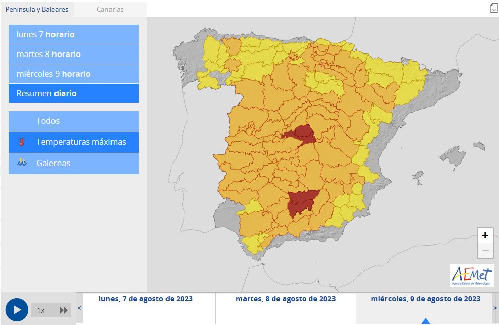 ⚠️Aviso rojo (peligro extremo) por temperaturas máximas en la Comunidad de Madrid y provincia de Jaén para el miércoles. En Madrid se podrán superar los 42 a 43 ºC y los 44 ºC  en Jaén. En la mayor parte de la Península, avisos naranjas por peligro importante (38 a 42 ºC)
