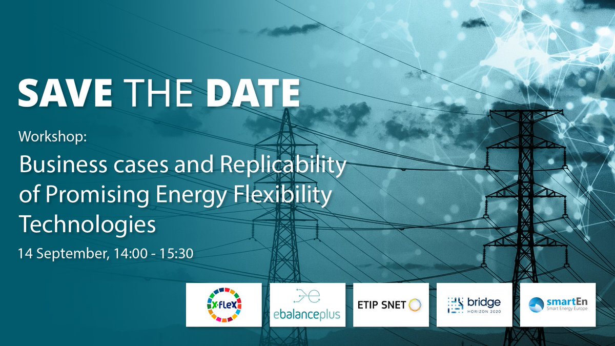 Interested in #business cases of promising #energyflexibility #technologies?
Save the date for our joint workshop with  <a href="/XFlex_H2020/">XFlex</a>, <a href="/cinea_eu/">CINEA 🇪🇺</a>, #ETIPSNET #bridgeEU, <a href="/smartEnEU/">smartEn - Smart Energy Europe</a>.
#smartgrid #flexibility #energyflexibility #businesscase #BM