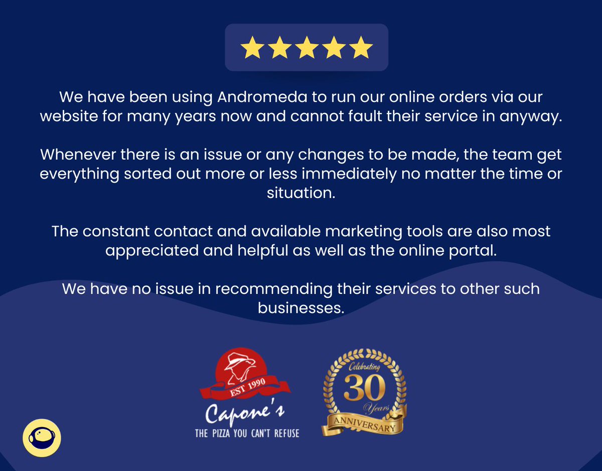 AndromedaPOS's tweet photo. Capones Pizza Parlour Recommends Andromeda POS!  
Join Capones Pizza Parlour and take your business to the next level with #AndromedaPOS today!   Visit https://t.co/xzw666LciC or contact our team at 0203 872 2136 to get started!

#OnlineOrderingSystem #POSSoftware #EPOSSystem https://t.co/bighYsJmM0