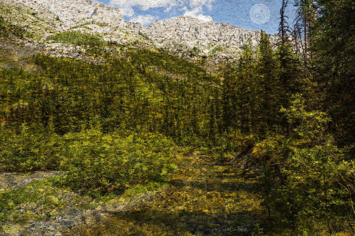 This mountain stream cooled the air along the lunch stop on our horseback journey from Sundance Lodge to Halfway Lodge. A picture of the river-stone is layered under the picture of the river scene to add a painterly impression.

#halfwaylodge2023 #canadiangeographic