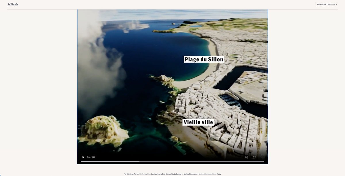 Dernier volet d'Adaptation paru sur le site <a href="/lemondefr/">Le Monde</a> (et en kiosque) avec un reportage de Maxime Ferrer sur le risque de submersion marine à Saint-Malo, avec de la carto, de l'illu et du survol 3D avec les camarades @audreylagadec4 et <a href="/Victor_Simonnet/">Victor Simonnet</a> 🌊:urlz.fr/n9bn