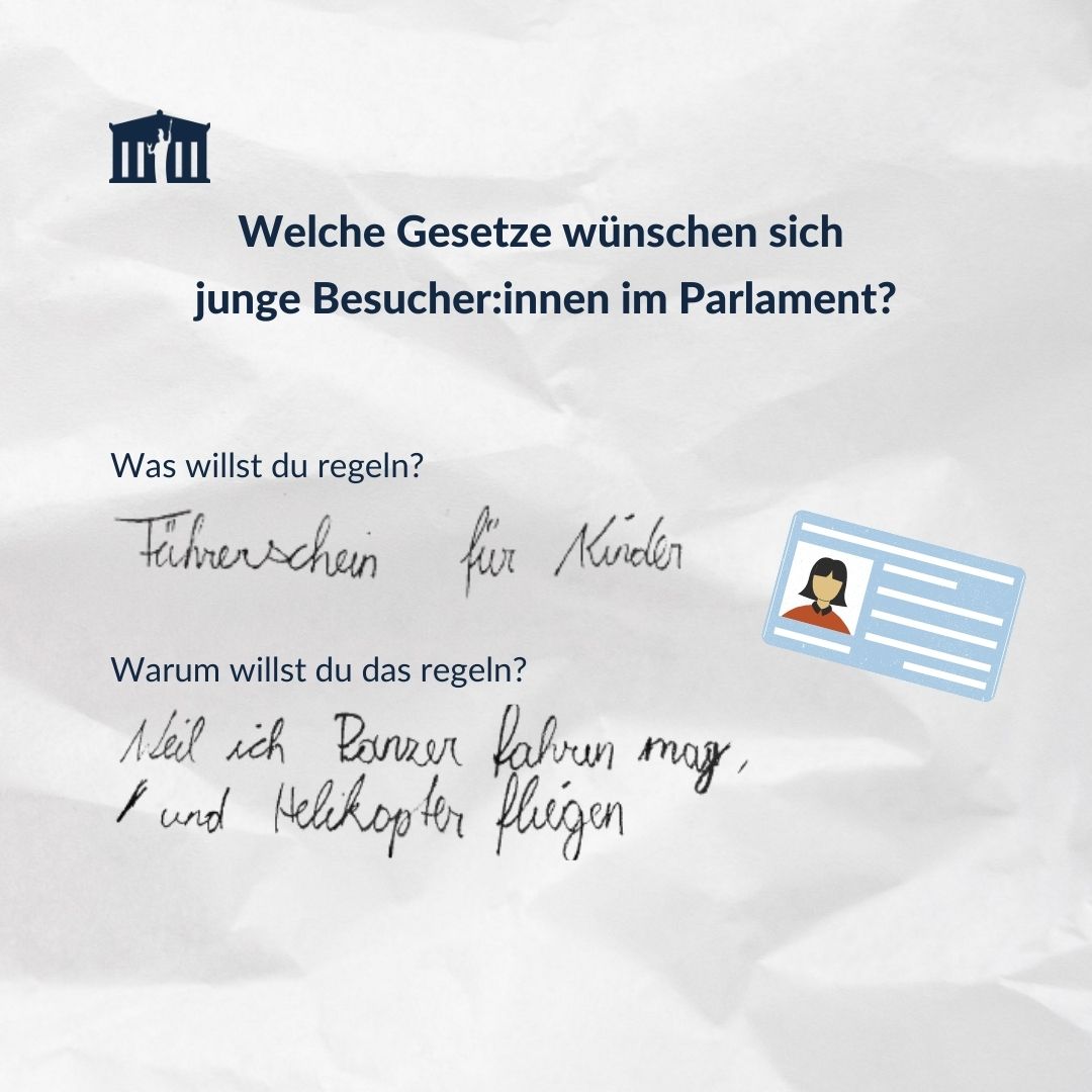 OeParl's tweet photo. Soll es einen Führerschein für Kinder geben? 🚗 Das jedenfalls wünscht sich ein Kind im Besucher:innen-Zentrum des #OeParl. Dort können junge Menschen ihre Gesetzeswünsche aufschreiben – hier sind einige ihrer Vorschläge. Welchen würden Sie unterstützen? #Teil3 https://t.co/WSNmeR8cxZ