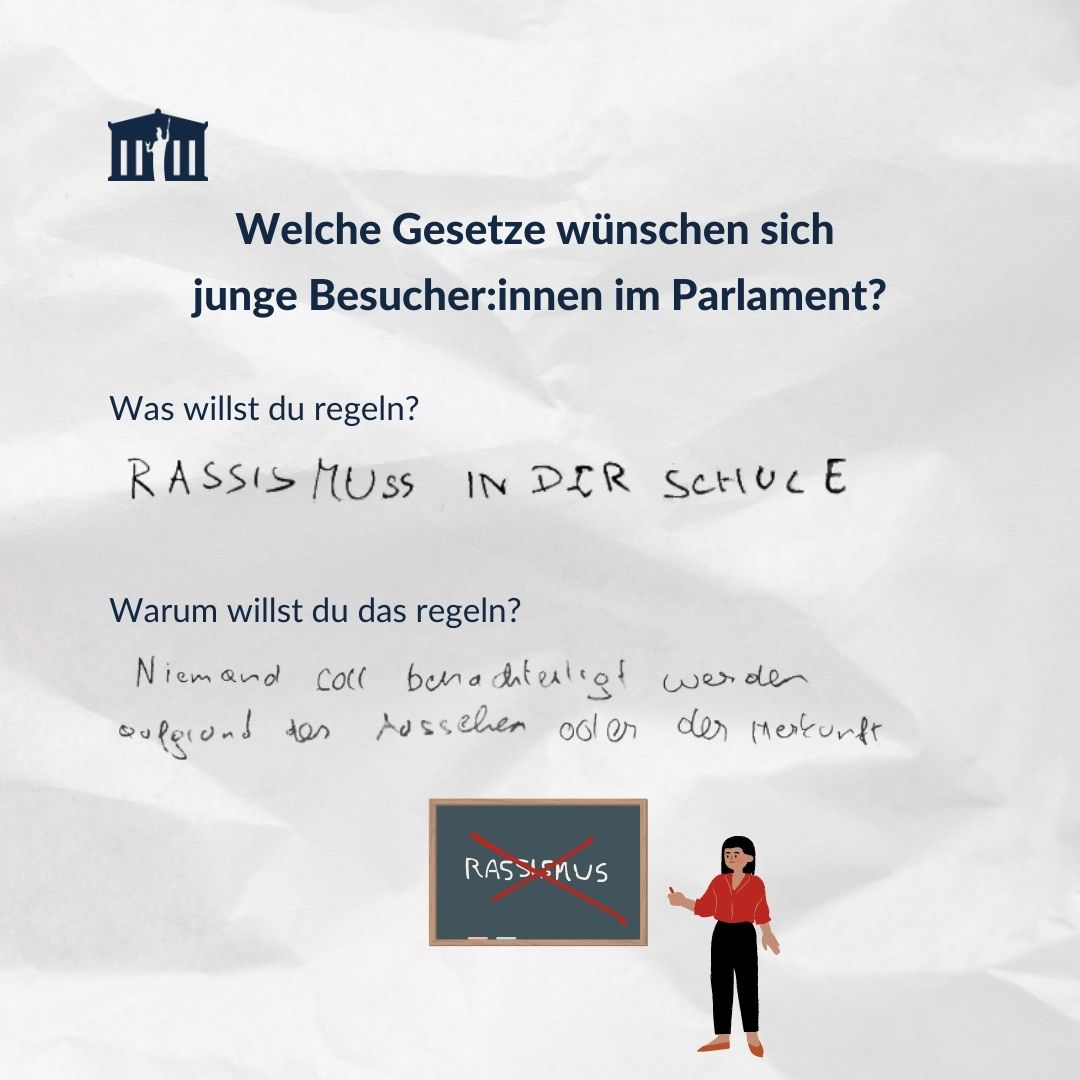 OeParl's tweet photo. Soll es einen Führerschein für Kinder geben? 🚗 Das jedenfalls wünscht sich ein Kind im Besucher:innen-Zentrum des #OeParl. Dort können junge Menschen ihre Gesetzeswünsche aufschreiben – hier sind einige ihrer Vorschläge. Welchen würden Sie unterstützen? #Teil3 https://t.co/WSNmeR8cxZ