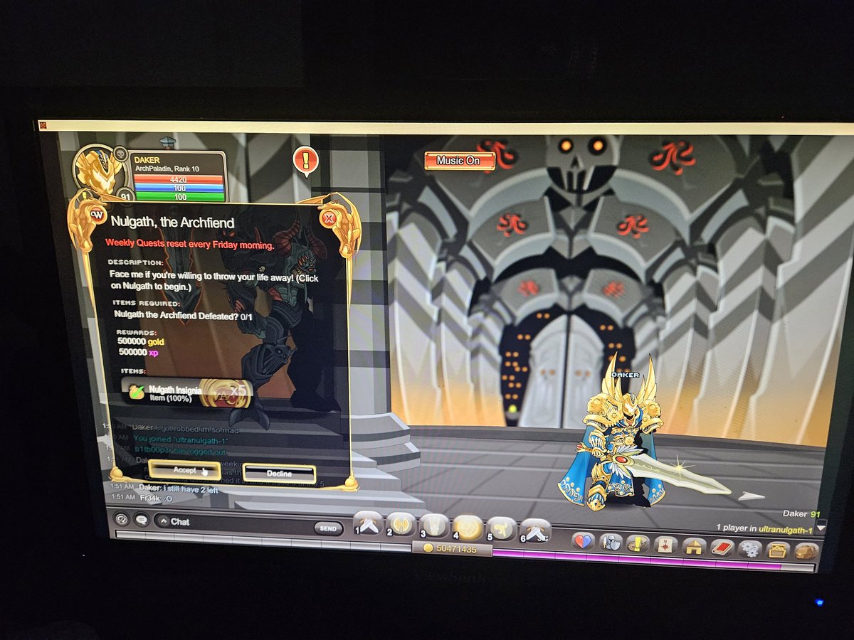 JordanDaker's tweet photo. @Alina_AE  Can you look at this? Completed the Nulgath, the Archfiend Quest for 5 Nulgath Insignia's. I turned them in at Nulgath's Merge Shop for the 2x Roentgenium of Nulgath &amp; it only gave me 1x Roentgenium of Nulgath. Still have 2/5 Nulgath Insignia's. DAKER is my tag in AQW. https://t.co/2oeA6xdJLq