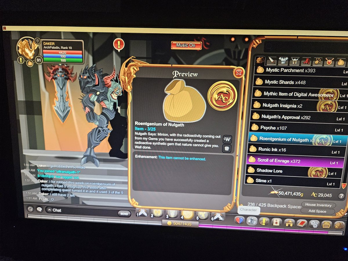 JordanDaker's tweet photo. @Alina_AE  Can you look at this? Completed the Nulgath, the Archfiend Quest for 5 Nulgath Insignia's. I turned them in at Nulgath's Merge Shop for the 2x Roentgenium of Nulgath &amp; it only gave me 1x Roentgenium of Nulgath. Still have 2/5 Nulgath Insignia's. DAKER is my tag in AQW. https://t.co/2oeA6xdJLq