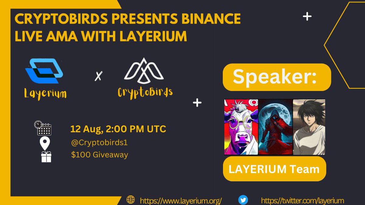 CryptoBirds Binance Live AMA with Layerium
🕰 When: 12th aug at 2:00 PM UTC
🏛 Where: binance.com/en/live/video?…

🎖 Prize pool: $100 

 Follow <a href="/Crypt0_Birds/">Crypto Birds 🕊</a> &amp; <a href="/layerium/">Layerium</a>

Rules:
1️⃣ Follow <a href="/Crypt0_Birds/">Crypto Birds 🕊</a> and <a href="/layerium/">Layerium</a>
2️⃣ Like &amp; Retweet this post 
3️⃣ Max 3 questions allowed