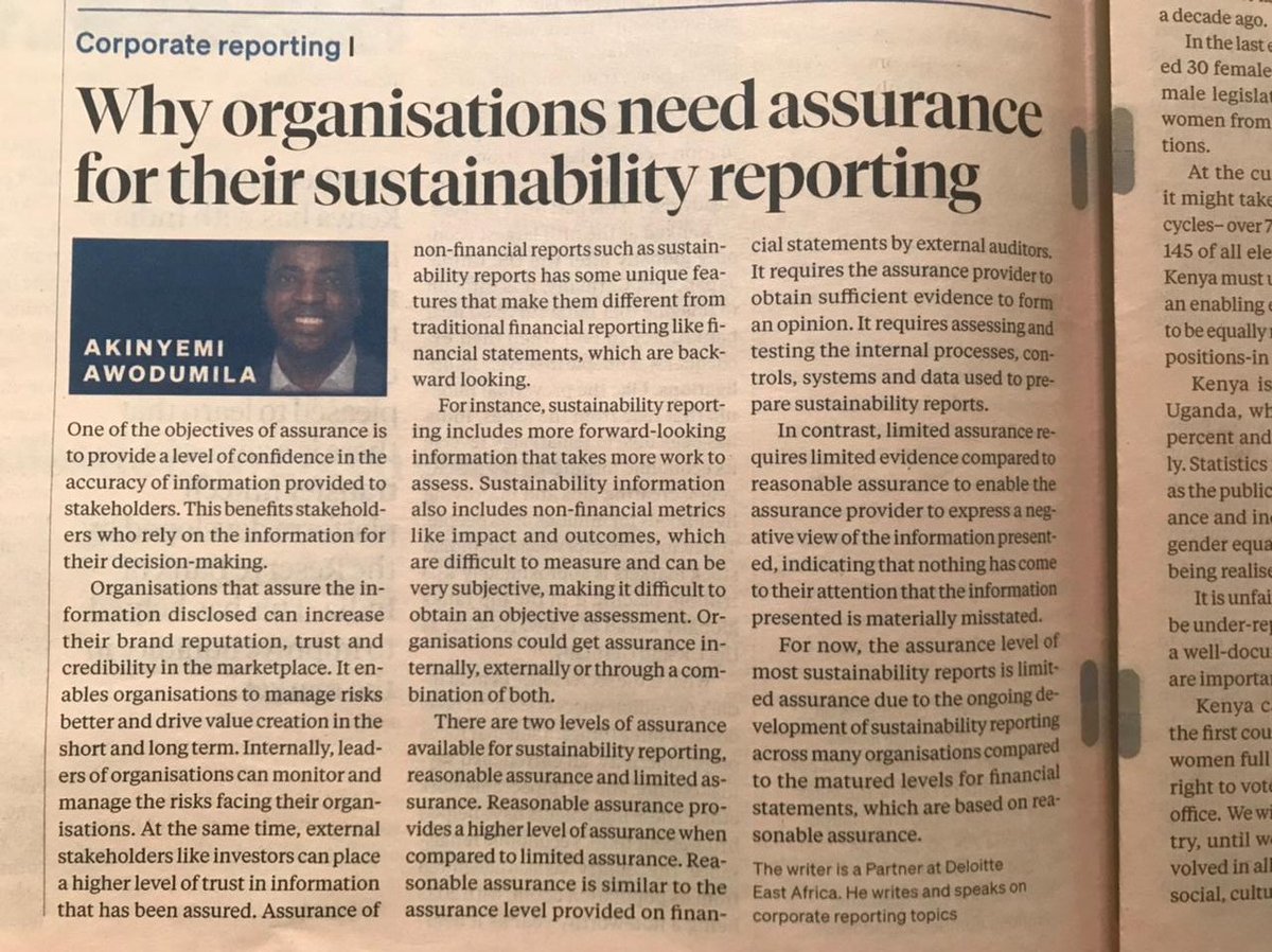 nikogreenKE's tweet photo. "Assurance provides a level of confidence in the accuracy of the information provided to stakeholders in a sustainability report" @AkinyemiAwodumila opines in today's @BD_Africa on corporate reporting.
Visit our website https://t.co/rYJwKLSmm0 for more information about reporting https://t.co/hKm8joijTH