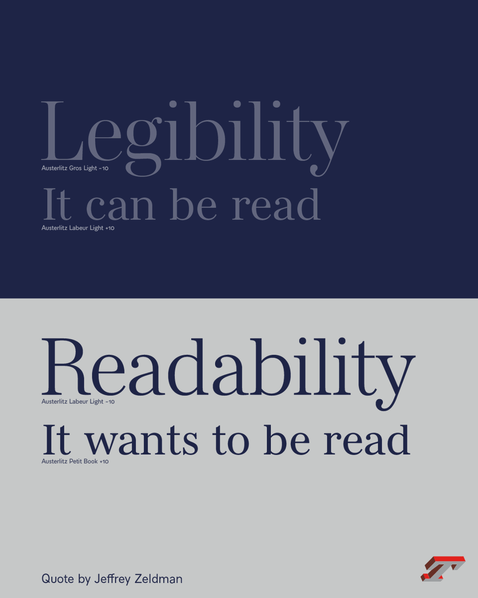 typofonderie's tweet photo. Even with a typeface that seems got all necessary qualities: contraste, type size is what makes the difference between legibility and readability. It is your designer's choice to know when to switch from one to the other. 
➽ https://t.co/eryJITVYv5 https://t.co/wBysnubcCf