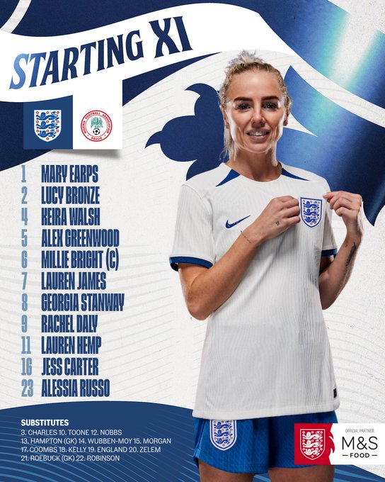 England XI:

Earps, Bronze, Walsh, Greenwood, Bright (C), James, Stanway, Daly, Hemp, Carter, Russo.