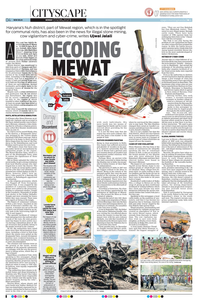 ujwaljalali's tweet photo. Not very far from the national capital brews a communal cauldron in a district mired in economic backwardness and crime. Read a detailed @NewIndianXpress report where we have tried to decode the Mewat (Nuh) region which has been in the spotlight for communal riots. (1/2) https://t.co/Fwa4p8Ph2A