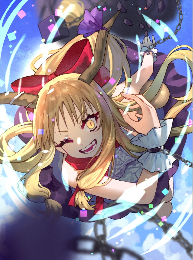 ibuki suika 1girl horns solo long hair one eye closed chain bow  illustration images