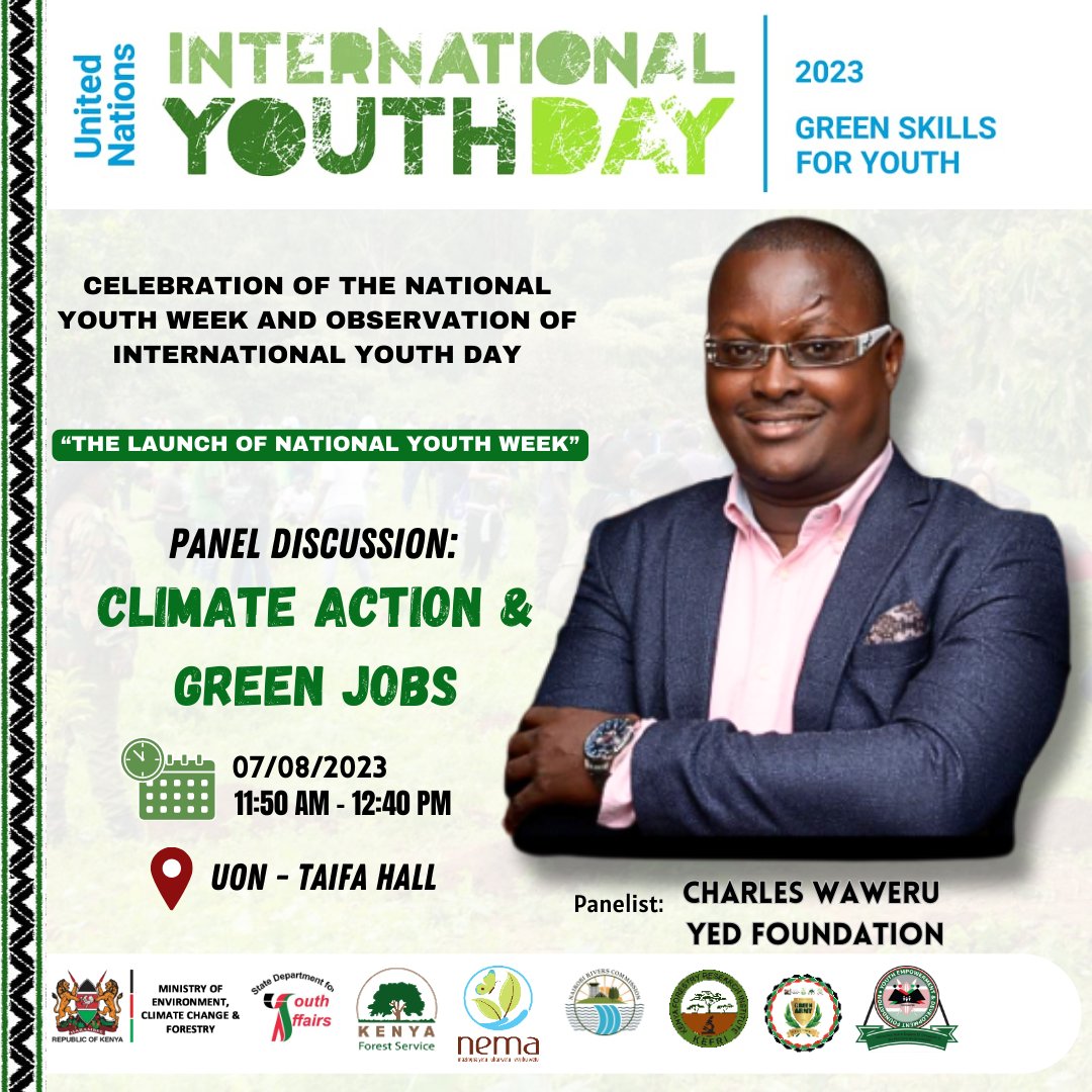 📣 INTERNATIONAL YOUTH WEEK 2023

Join us as we engage youth on Green Skills for Youth: Towards a Sustainable World starting at @uonbi Taifa Hall.

Let's promote youth innovation, creativity, talent & entrepreneurial initiatives in the green economy.

#IYW2023 #IYD2023 #YouthWeek