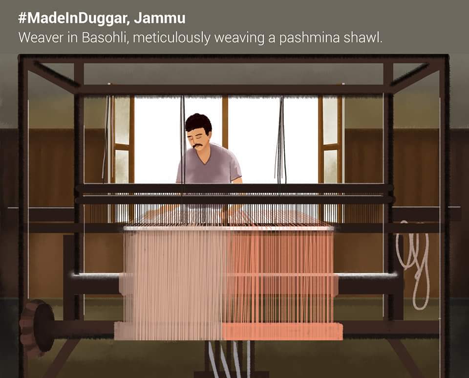 Happy National Handloom Day ! The handloom sector is a symbol of our country’s rich cultural heritage, & is an important source of livelihood in rural & semi-rural parts of India. The illustration portrays a weaver in Basohli weaving a Pashmina shawl. @PMOIndia @DrJitendraSingh